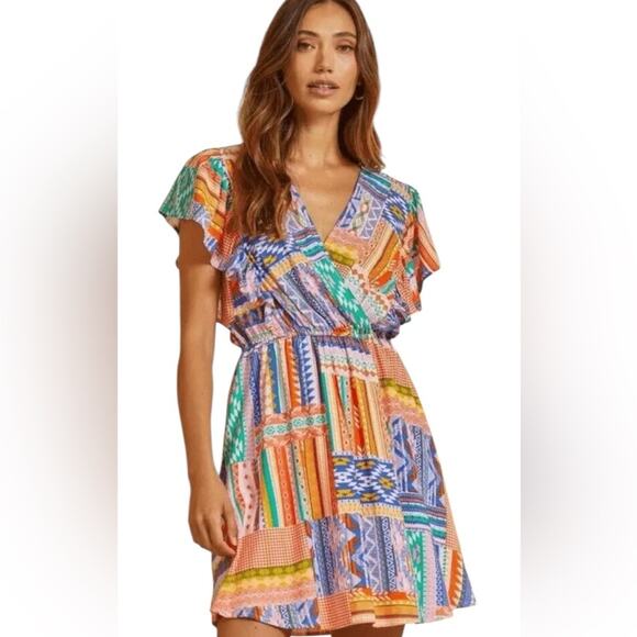 Savannah Jane Patchwork Print Ruffle Mini Dress size large Blue Orange - Picture 1 of 10